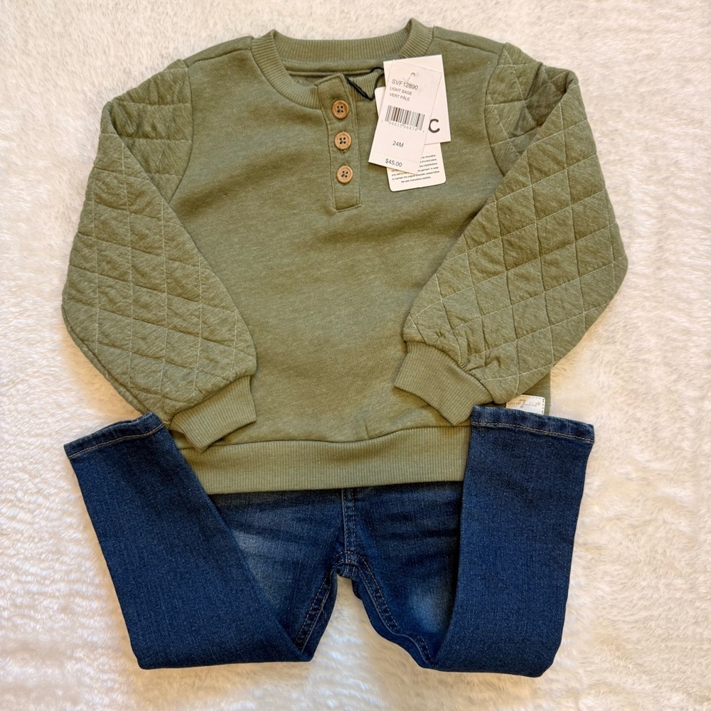 NWT 7 For All Mankind Light Sage Button-Up Top and Jeans Set Girl 24m MSRP$45
